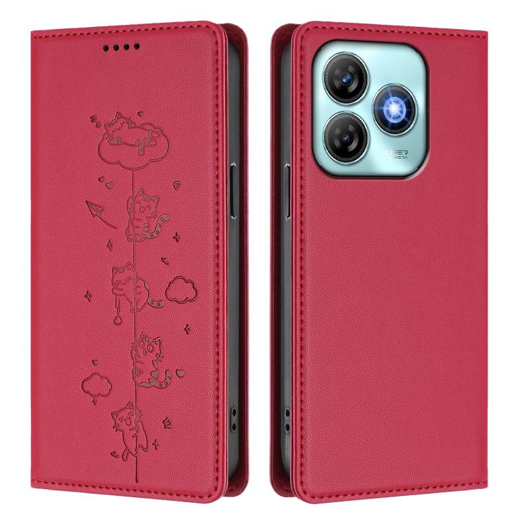For ZTE Blade A75 4G Cute Cats Embossed Magnetic RFID Vegan Leather Phone Case