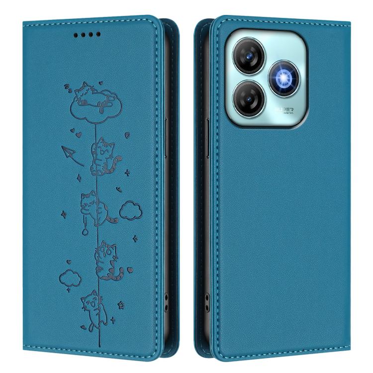 For ZTE Blade A75 4G Cute Cats Embossed Magnetic RFID Vegan Leather Phone Case