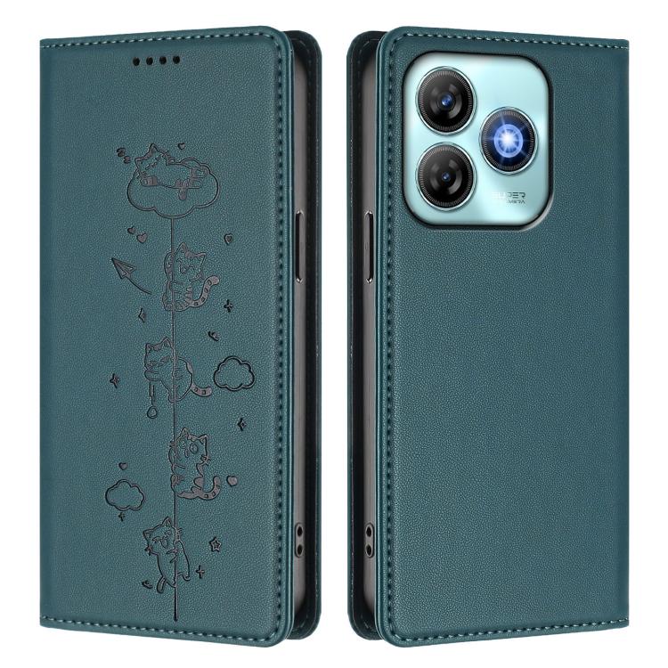 For ZTE Blade A75 4G Cute Cats Embossed Magnetic RFID Vegan Leather Phone Case