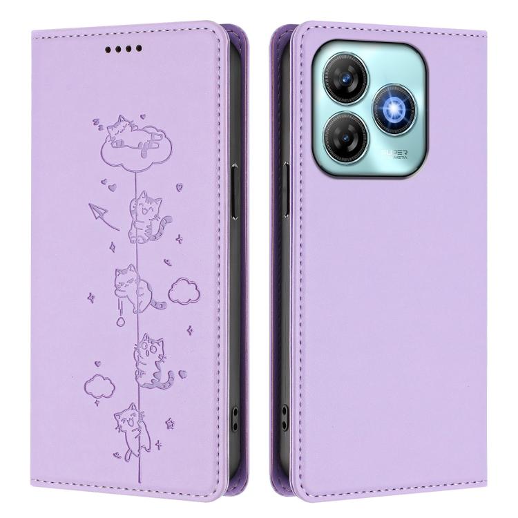 For ZTE Blade A75 4G Cute Cats Embossed Magnetic RFID Vegan Leather Phone Case