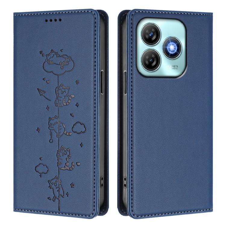 For ZTE Blade A75 4G Cute Cats Embossed Magnetic RFID Vegan Leather Phone Case