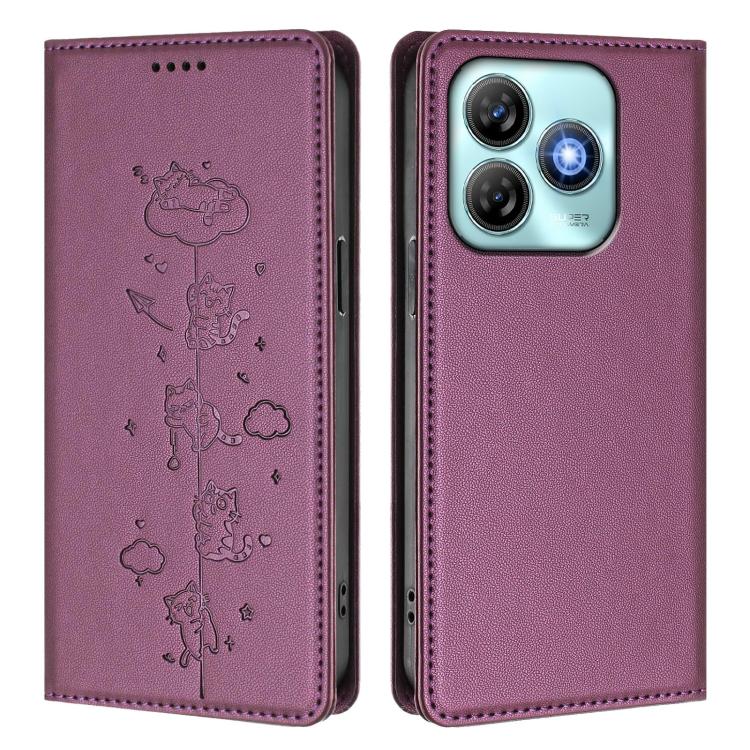 For ZTE Blade A75 4G Cute Cats Embossed Magnetic RFID Vegan Leather Phone Case