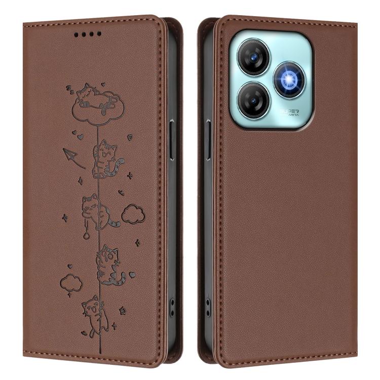 For ZTE Blade A75 4G Cute Cats Embossed Magnetic RFID Vegan Leather Phone Case