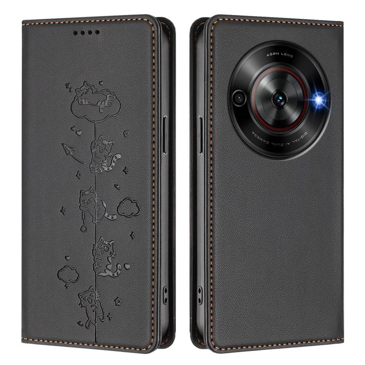 For ZTE Blade A75 5G / nubia Focus 5G Cute Cats Embossed Magnetic RFID Vegan Leather Phone Case