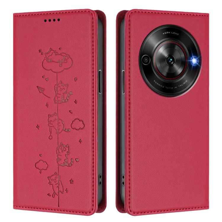For ZTE Blade A75 5G / nubia Focus 5G Cute Cats Embossed Magnetic RFID Vegan Leather Phone Case