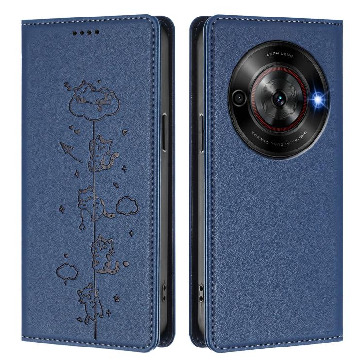 For ZTE Blade A75 5G / nubia Focus 5G Cute Cats Embossed Magnetic RFID Vegan Leather Phone Case