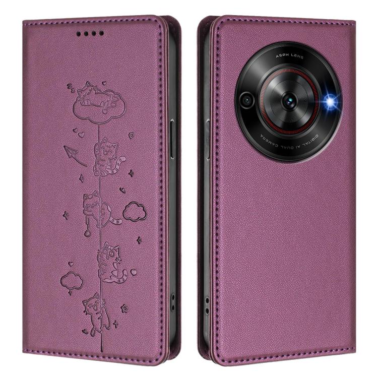 For ZTE Blade A75 5G / nubia Focus 5G Cute Cats Embossed Magnetic RFID Vegan Leather Phone Case