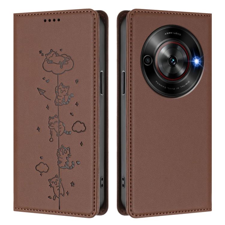 For ZTE Blade A75 5G / nubia Focus 5G Cute Cats Embossed Magnetic RFID Vegan Leather Phone Case