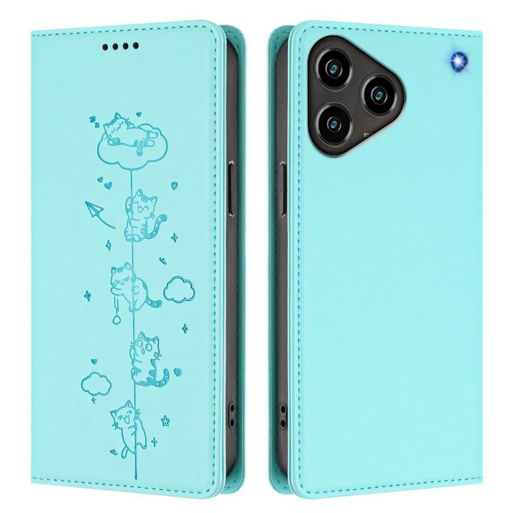 For ZTE Blade A76 4G Cute Cats Embossed Magnetic RFID Vegan Leather Phone Case