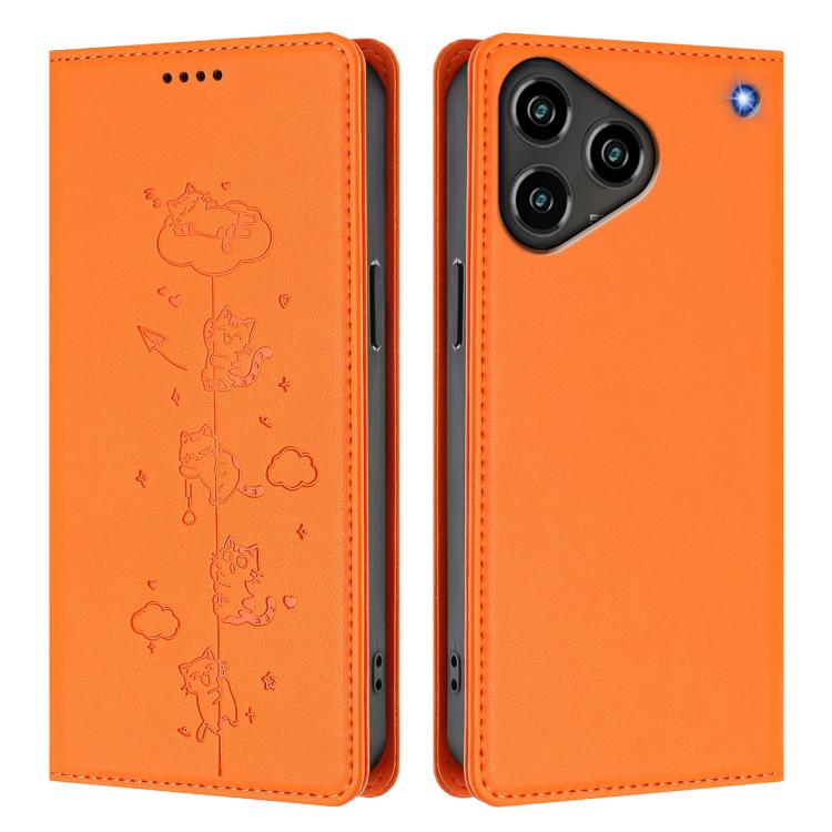 For ZTE Blade A76 4G Cute Cats Embossed Magnetic RFID Vegan Leather Phone Case