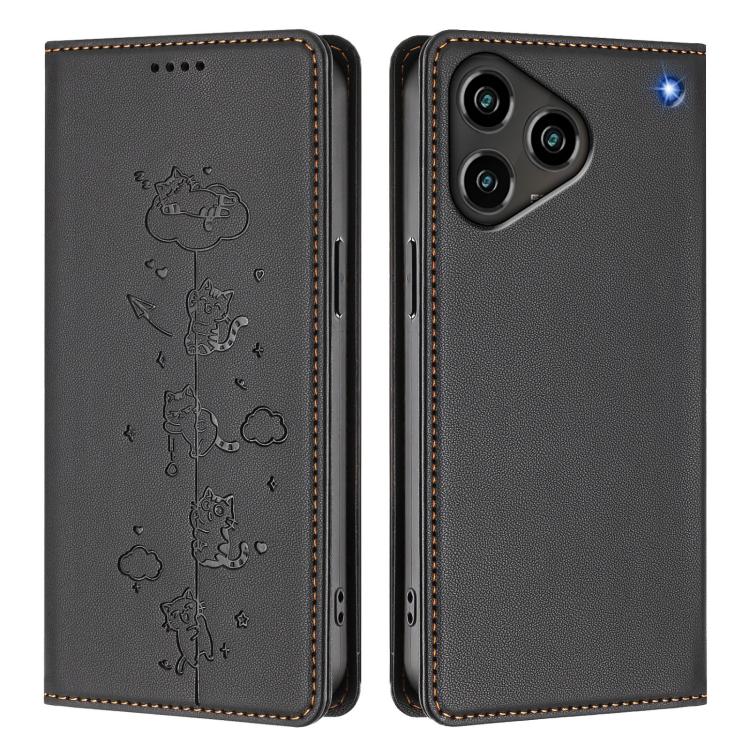 For ZTE Blade A76 4G Cute Cats Embossed Magnetic RFID Vegan Leather Phone Case