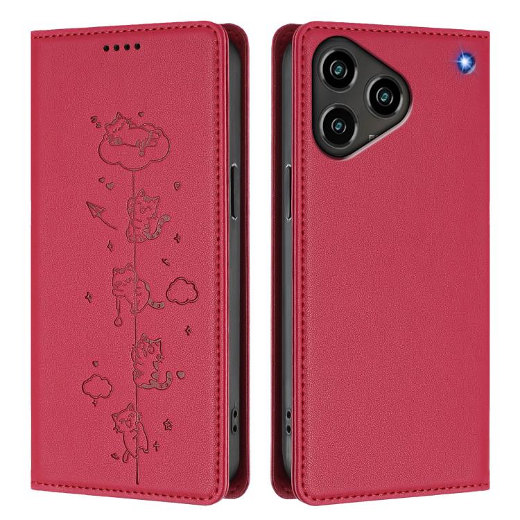 For ZTE Blade A76 4G Cute Cats Embossed Magnetic RFID Vegan Leather Phone Case