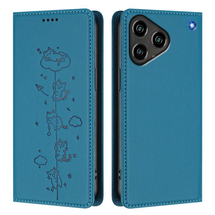 For ZTE Blade A76 4G Cute Cats Embossed Magnetic RFID Vegan Leather Phone Case