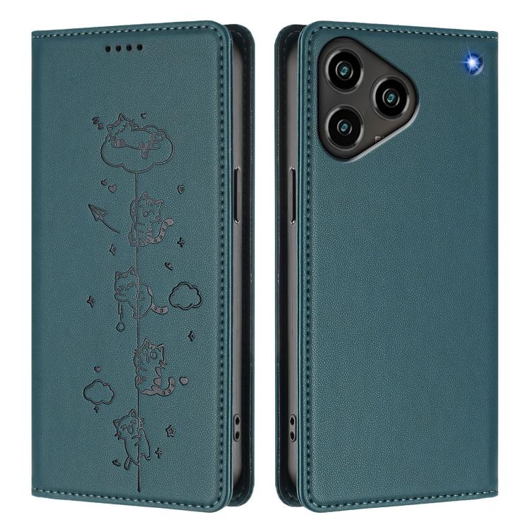 For ZTE Blade A76 4G Cute Cats Embossed Magnetic RFID Vegan Leather Phone Case