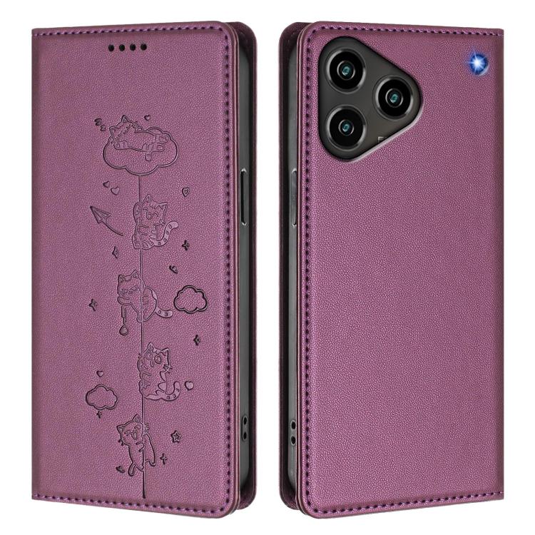For ZTE Blade A76 4G Cute Cats Embossed Magnetic RFID Vegan Leather Phone Case