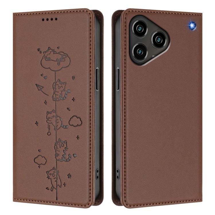 For ZTE Blade A76 4G Cute Cats Embossed Magnetic RFID Vegan Leather Phone Case