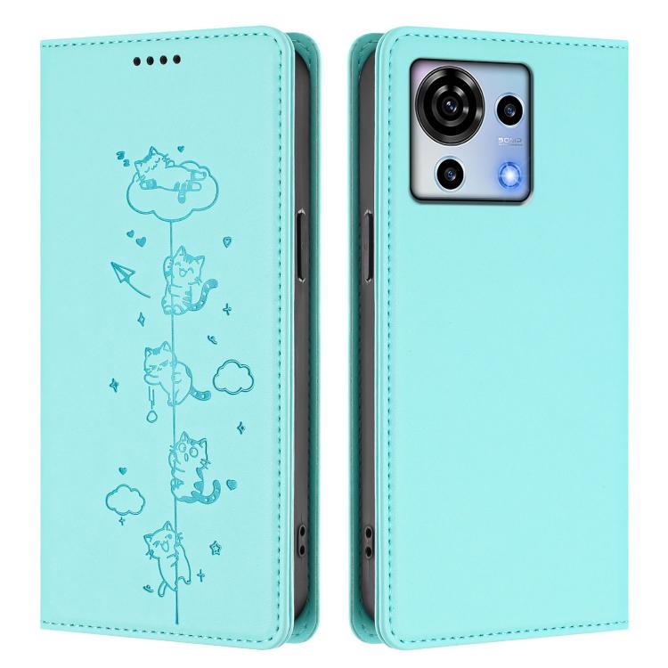 For ZTE Blade V50 Vita Cute Cats Embossed Magnetic RFID Vegan Leather Phone Case