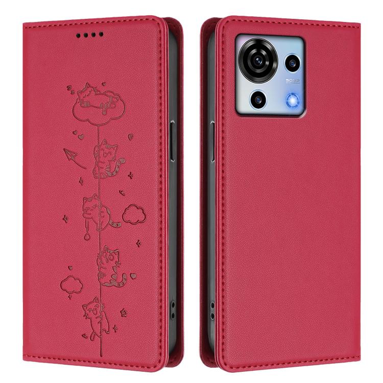 For ZTE Blade V50 Vita Cute Cats Embossed Magnetic RFID Vegan Leather Phone Case