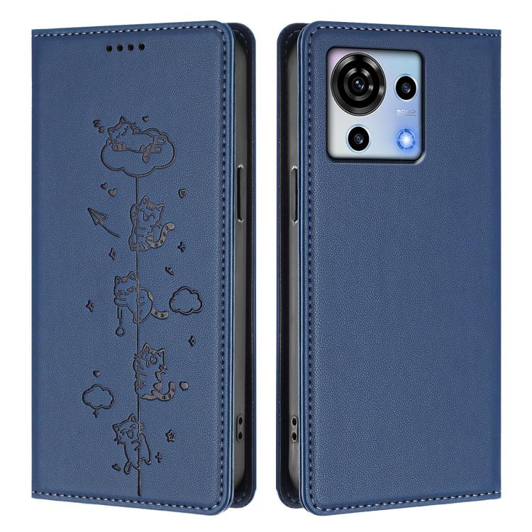 For ZTE Blade V50 Vita Cute Cats Embossed Magnetic RFID Vegan Leather Phone Case
