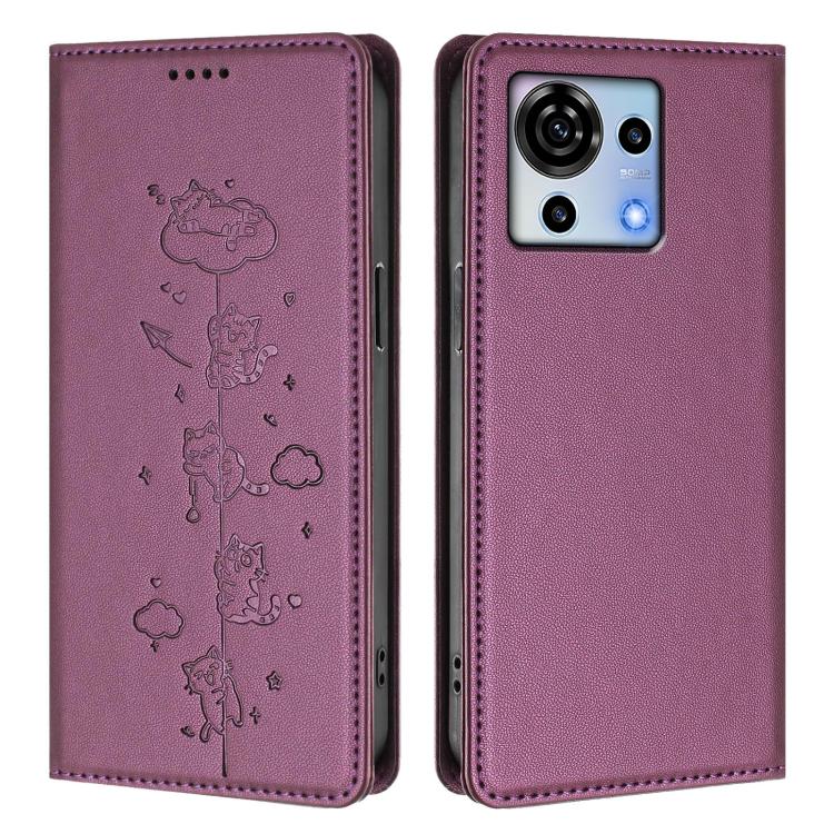 For ZTE Blade V50 Vita Cute Cats Embossed Magnetic RFID Vegan Leather Phone Case