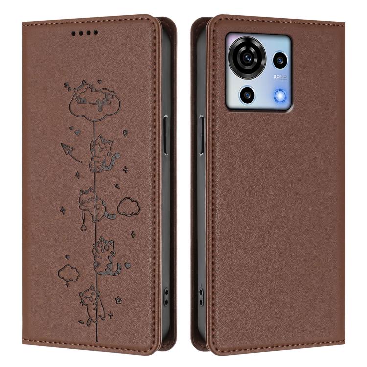 For ZTE Blade V50 Vita Cute Cats Embossed Magnetic RFID Vegan Leather Phone Case