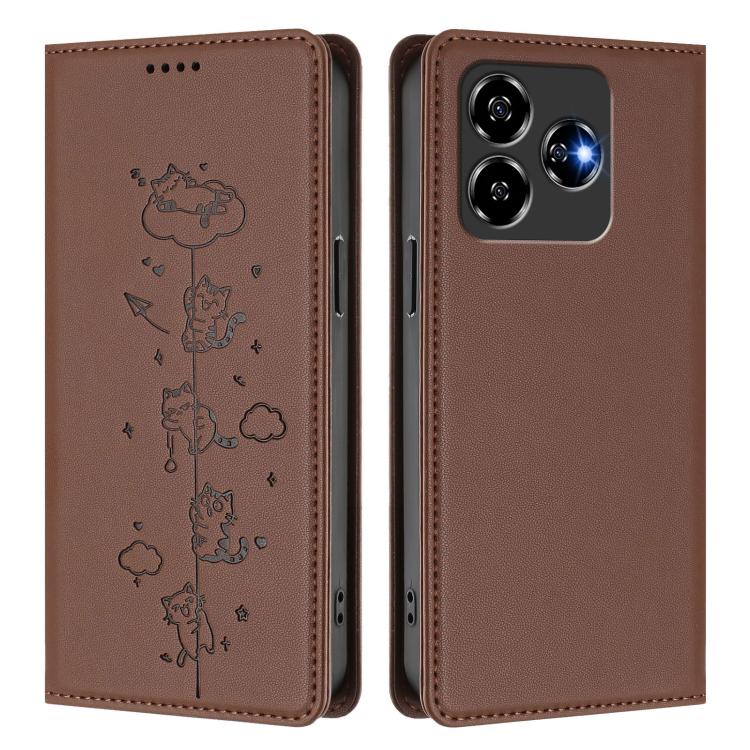 For ZTE Blade V60 4G / Axon 60 4G Cute Cats Embossed Magnetic RFID Vegan Leather Phone Case