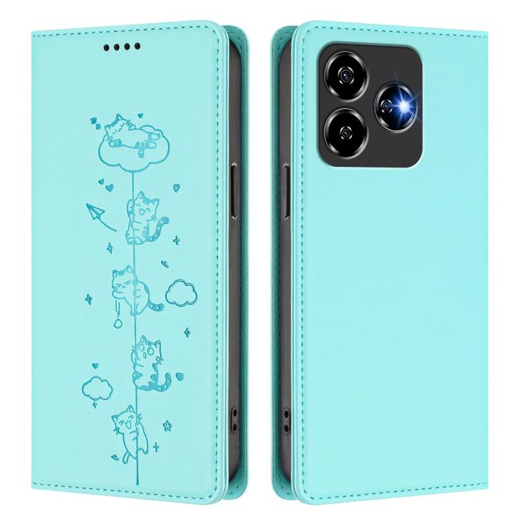 For ZTE Blade V60 Vita / V60 Design Cute Cats Embossed Magnetic RFID Vegan Leather Phone Case