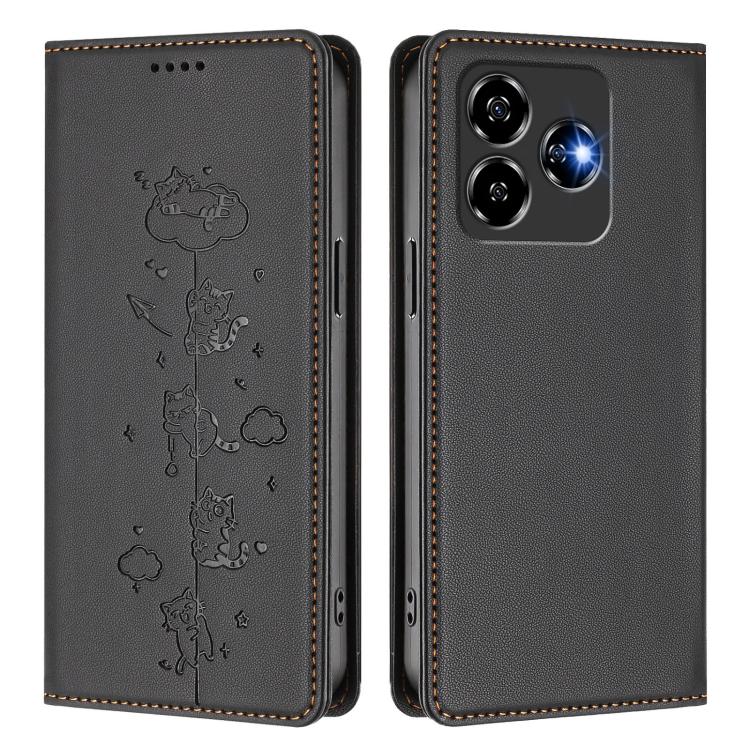 For ZTE Blade V60 Vita / V60 Design Cute Cats Embossed Magnetic RFID Vegan Leather Phone Case