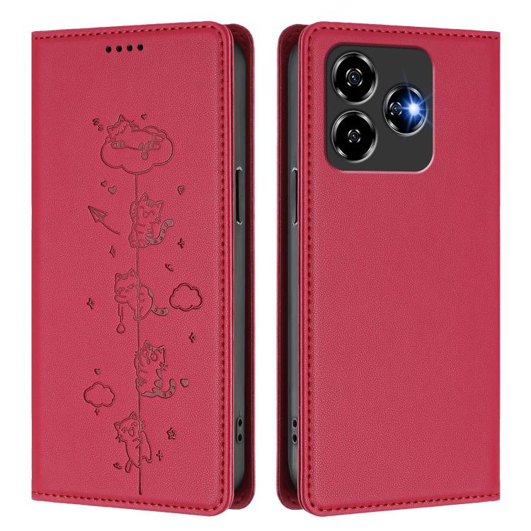 For ZTE Blade V60 Vita / V60 Design Cute Cats Embossed Magnetic RFID Vegan Leather Phone Case