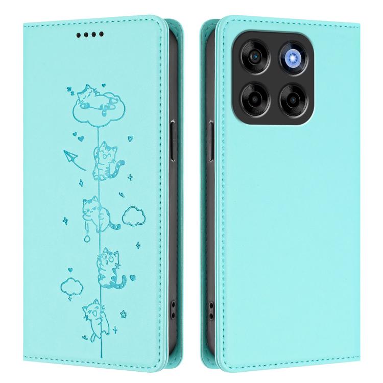 For ZTE Blade V70 Cute Cats Embossed Magnetic RFID Vegan Leather Phone Case
