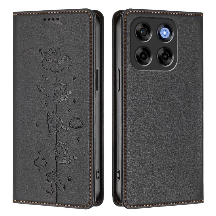 For ZTE Blade V70 Cute Cats Embossed Magnetic RFID Vegan Leather Phone Case