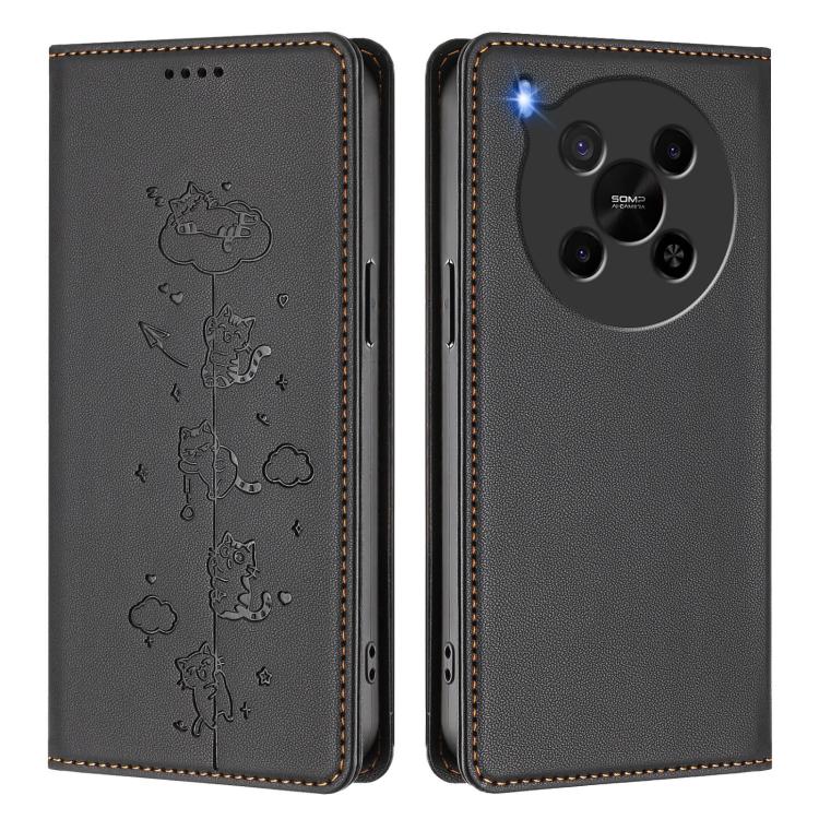 For ZTE Blade V70 Max Cute Cats Embossed Magnetic RFID Vegan Leather Phone Case