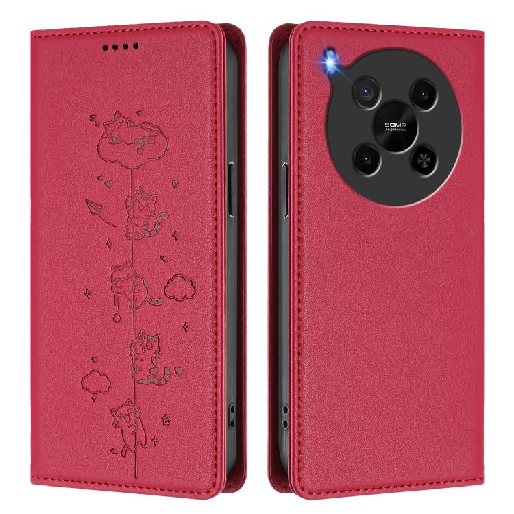 For ZTE Blade V70 Max Cute Cats Embossed Magnetic RFID Vegan Leather Phone Case