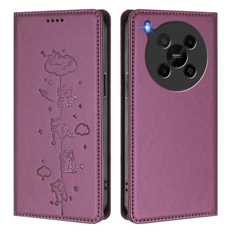 For ZTE Blade V70 Max Cute Cats Embossed Magnetic RFID Vegan Leather Phone Case