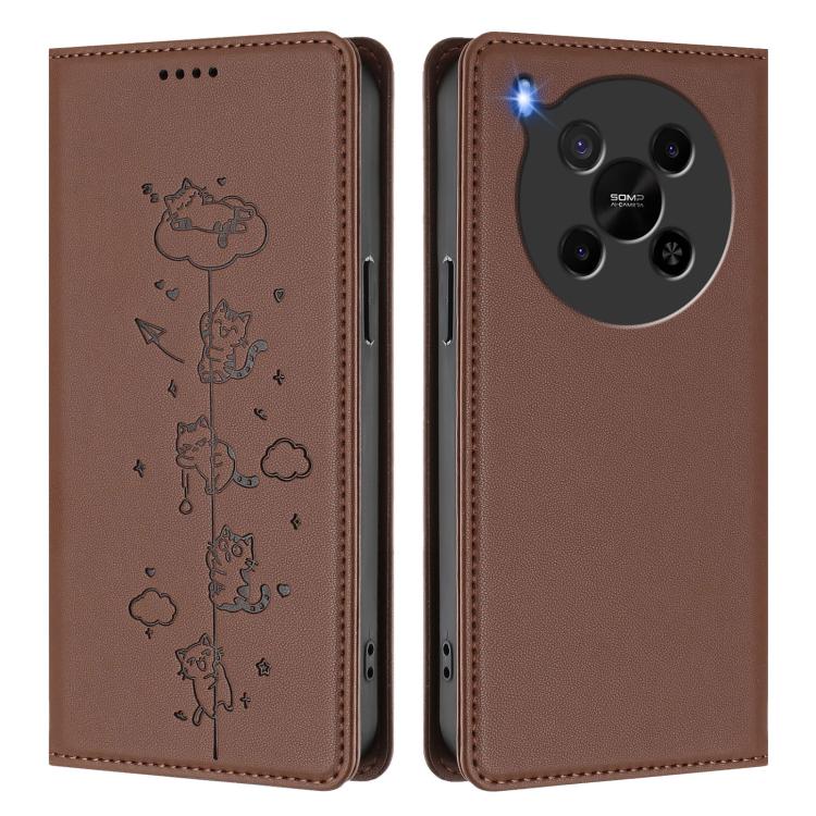 For ZTE Blade V70 Max Cute Cats Embossed Magnetic RFID Vegan Leather Phone Case