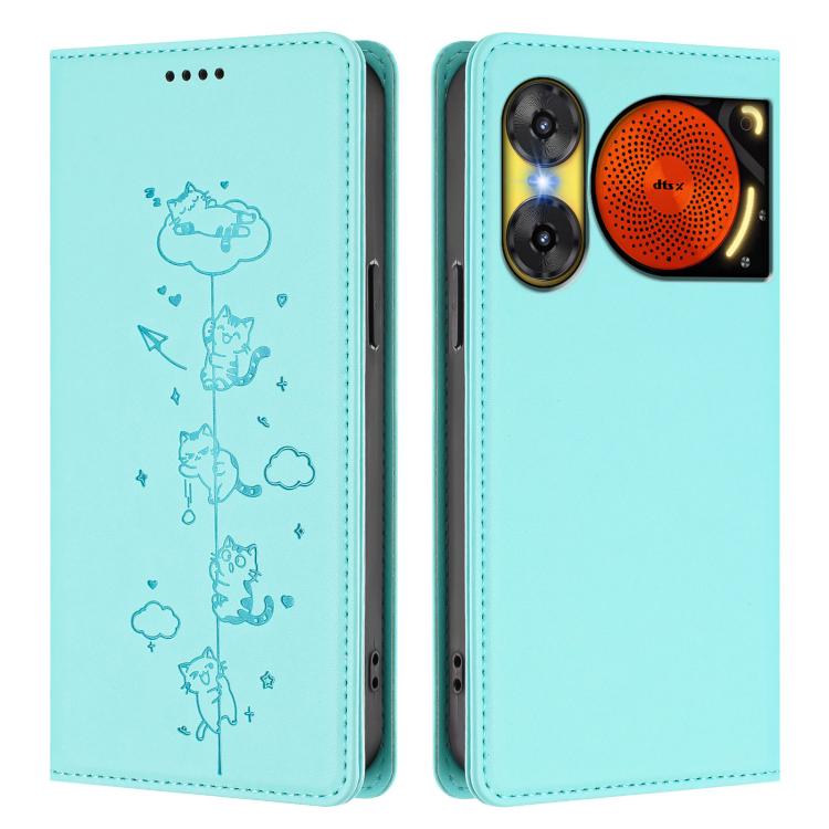 For ZTE nubia Music 2 Cute Cats Embossed Magnetic RFID Vegan Leather Phone Case