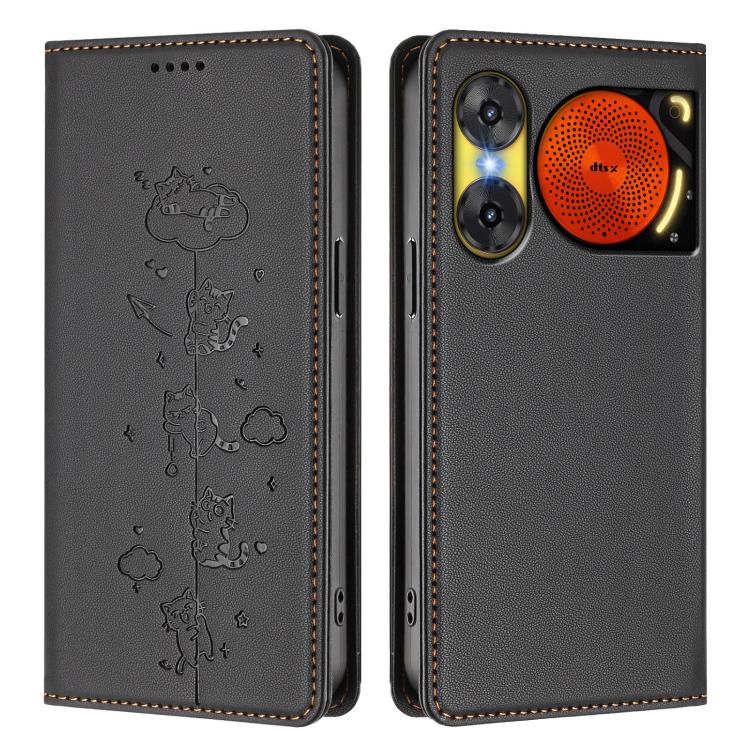 For ZTE nubia Music 2 Cute Cats Embossed Magnetic RFID Vegan Leather Phone Case