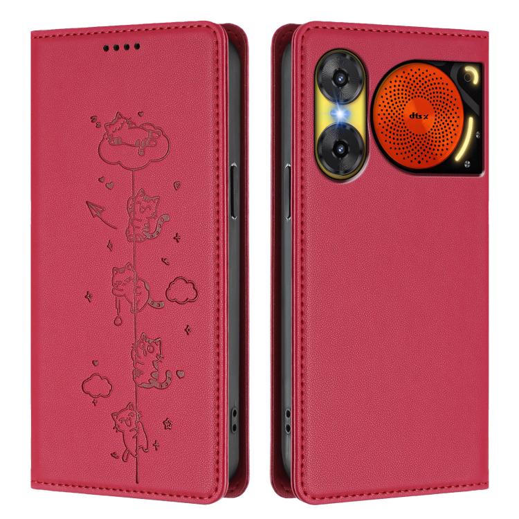 For ZTE nubia Music 2 Cute Cats Embossed Magnetic RFID Vegan Leather Phone Case