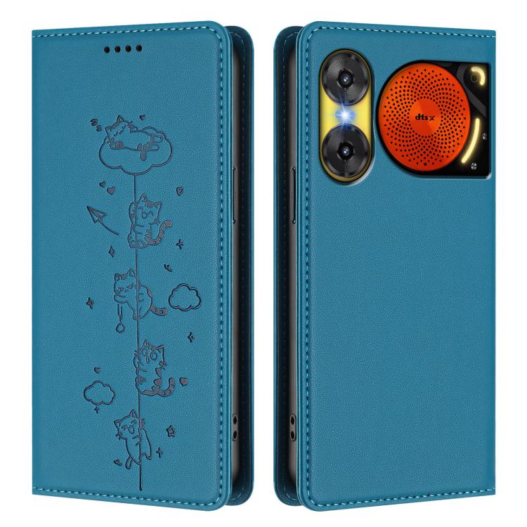For ZTE nubia Music 2 Cute Cats Embossed Magnetic RFID Vegan Leather Phone Case