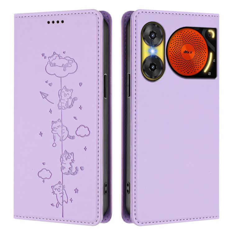 For ZTE nubia Music 2 Cute Cats Embossed Magnetic RFID Vegan Leather Phone Case
