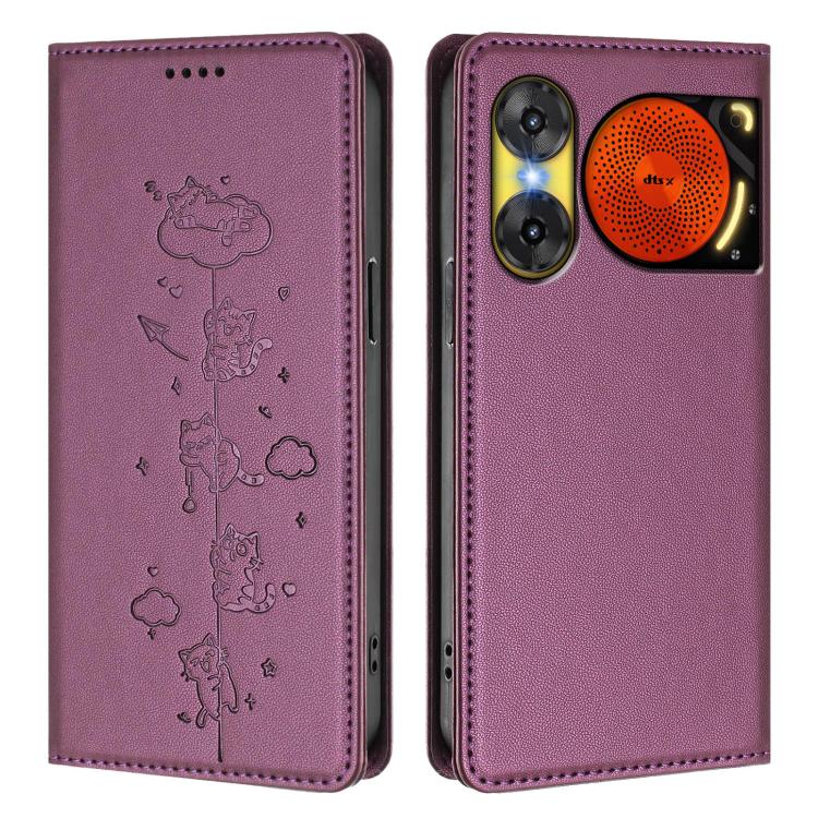 For ZTE nubia Music 2 Cute Cats Embossed Magnetic RFID Vegan Leather Phone Case