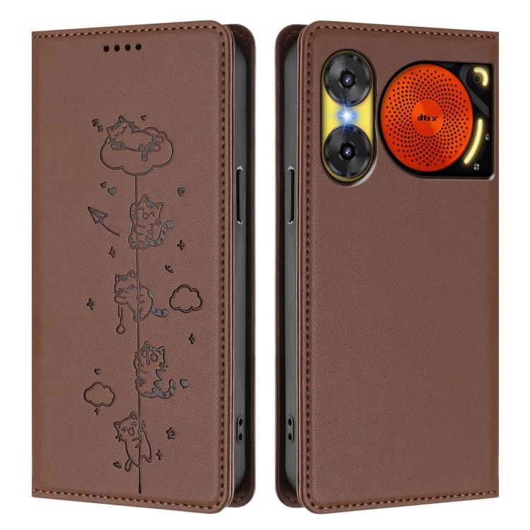 For ZTE nubia Music 2 Cute Cats Embossed Magnetic RFID Vegan Leather Phone Case