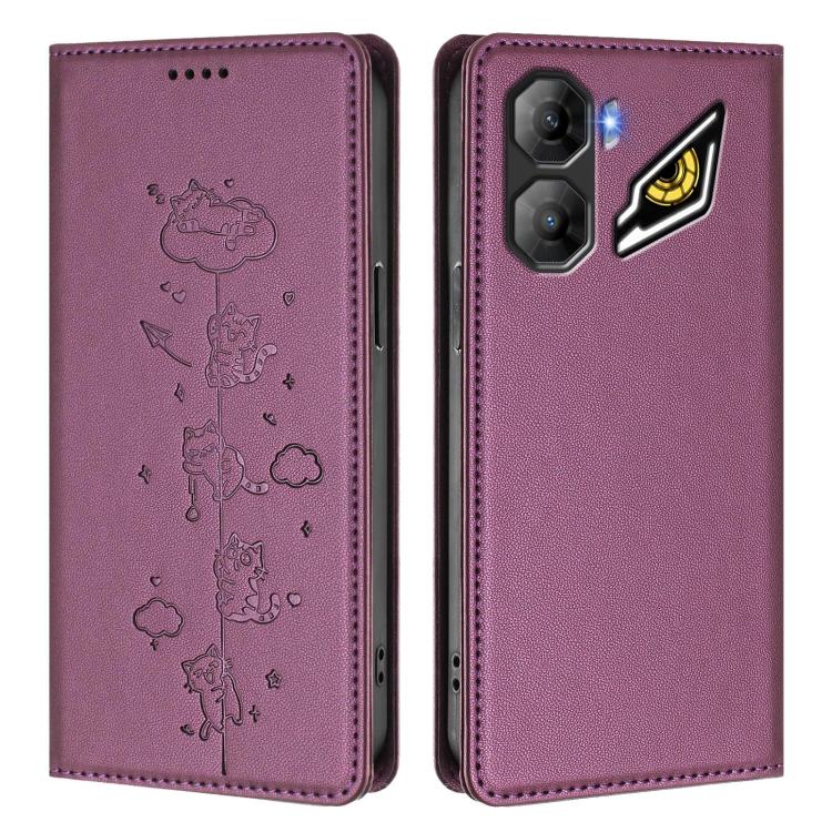 For ZTE nubia Neo 3 Cute Cats Embossed Magnetic RFID Vegan Leather Phone Case