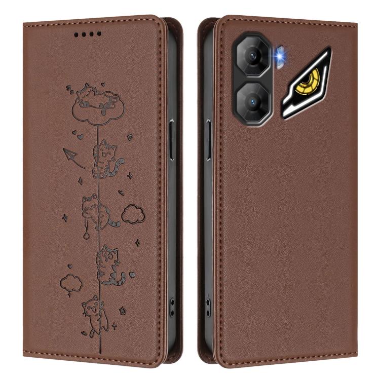 For ZTE nubia Neo 3 Cute Cats Embossed Magnetic RFID Vegan Leather Phone Case