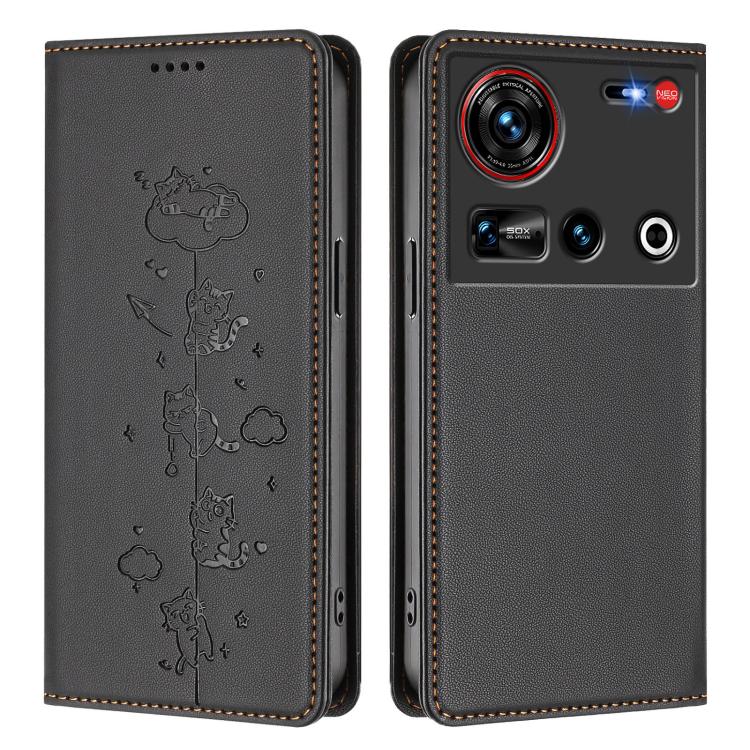 For ZTE nubia Z70 Ultra Cute Cats Embossed Magnetic RFID Vegan Leather Phone Case