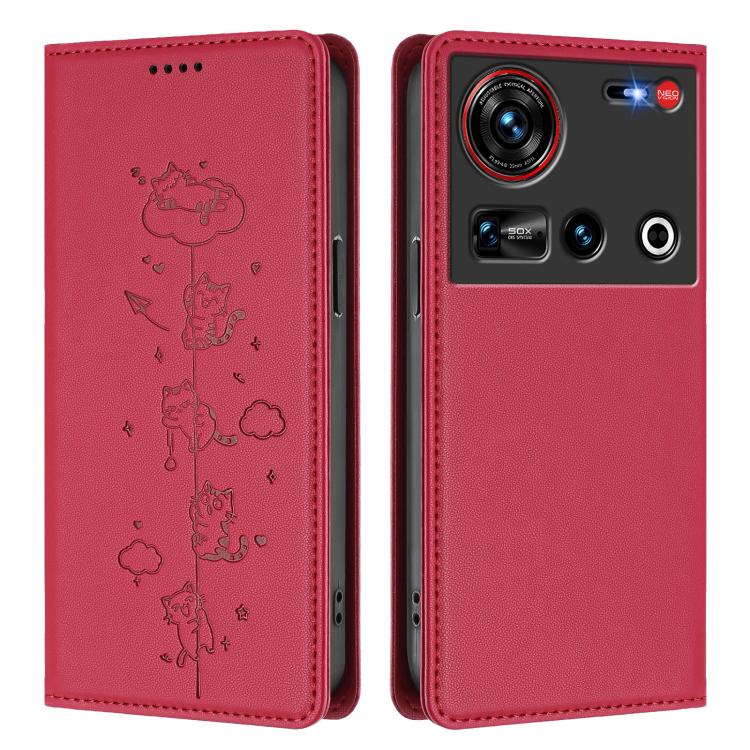 For ZTE nubia Z70 Ultra Cute Cats Embossed Magnetic RFID Vegan Leather Phone Case