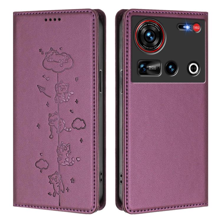 For ZTE nubia Z70 Ultra Cute Cats Embossed Magnetic RFID Vegan Leather Phone Case
