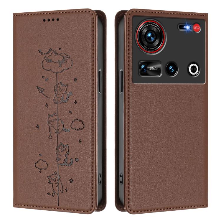 For ZTE nubia Z70 Ultra Cute Cats Embossed Magnetic RFID Vegan Leather Phone Case