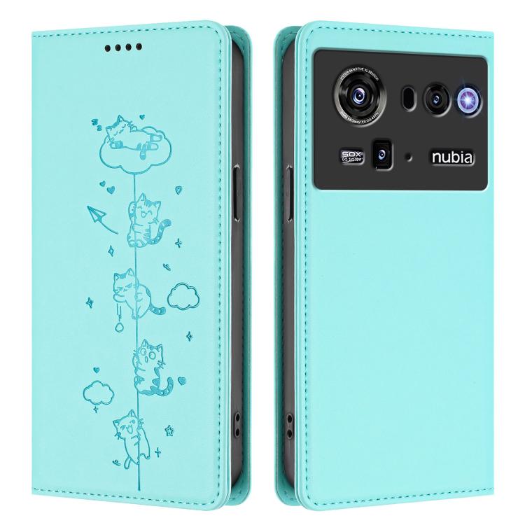 For ZTE nubia Z80 Ultra Cute Cats Embossed Magnetic RFID Vegan Leather Phone Case