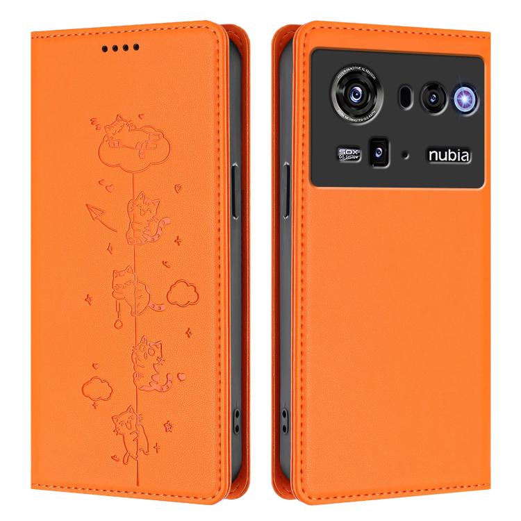 For ZTE nubia Z80 Ultra Cute Cats Embossed Magnetic RFID Vegan Leather Phone Case